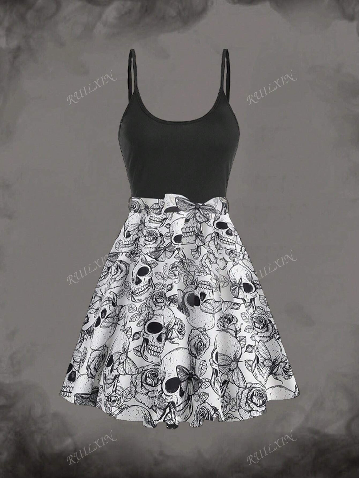 Women Skull Print Long Sleeve Casual Vintage Halloween Dress