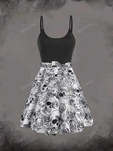 Women Skull Print Long Sleeve Casual Vintage Halloween Dress