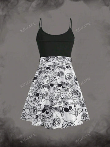 Women Skull Print Long Sleeve Casual Vintage Halloween Dress