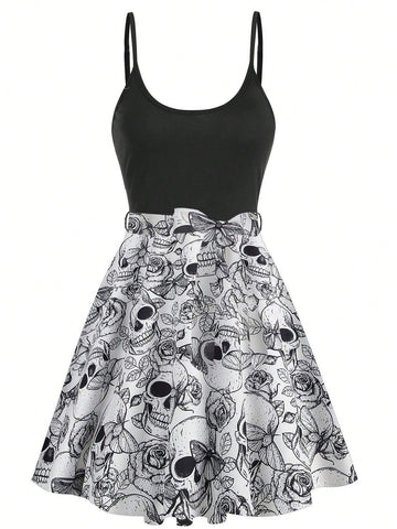 Women Skull Print Long Sleeve Casual Vintage Halloween Dress