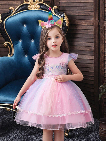 Halloween Young Girl Dress, New Girls Princess Unicorn Dress, Children Costume Performance Wedding Gown