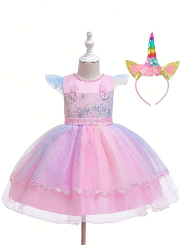 Halloween Young Girl Dress, New Girls Princess Unicorn Dress, Children Costume Performance Wedding Gown