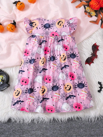 Halloween Young Girls Casual Sleeveless Round Neck Cap Sleeve Halloween Pumpkin Bat Spider Web Monster Printed Dress
