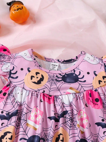Halloween Young Girls Casual Sleeveless Round Neck Cap Sleeve Halloween Pumpkin Bat Spider Web Monster Printed Dress
