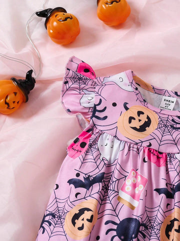Halloween Young Girls Casual Sleeveless Round Neck Cap Sleeve Halloween Pumpkin Bat Spider Web Monster Printed Dress