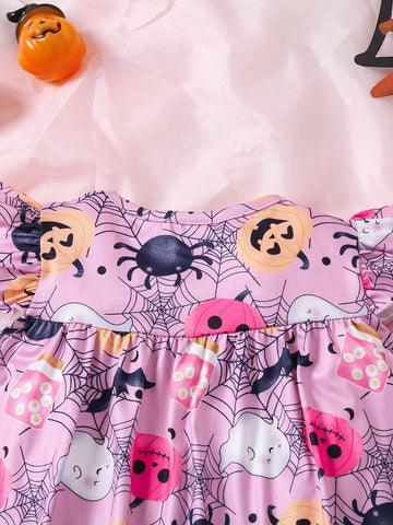 Halloween Young Girls Casual Sleeveless Round Neck Cap Sleeve Halloween Pumpkin Bat Spider Web Monster Printed Dress