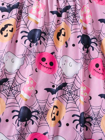 Halloween Young Girls Casual Sleeveless Round Neck Cap Sleeve Halloween Pumpkin Bat Spider Web Monster Printed Dress