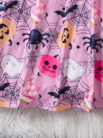 Halloween Young Girls Casual Sleeveless Round Neck Cap Sleeve Halloween Pumpkin Bat Spider Web Monster Printed Dress