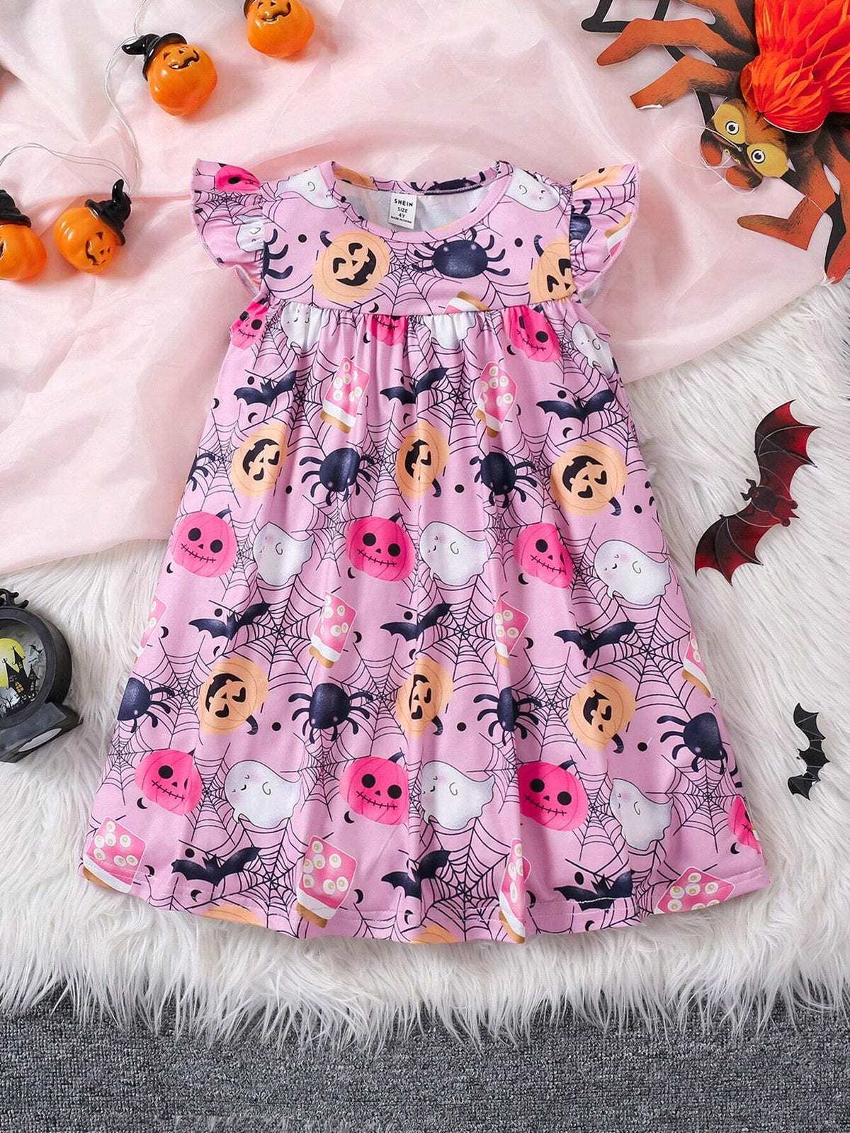Halloween Young Girls Casual Sleeveless Round Neck Cap Sleeve Halloween Pumpkin Bat Spider Web Monster Printed Dress