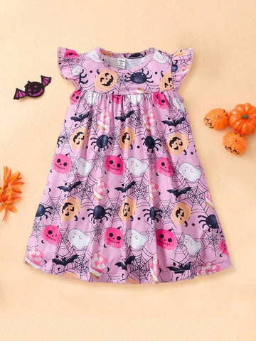 Halloween Young Girls Casual Sleeveless Round Neck Cap Sleeve Halloween Pumpkin Bat Spider Web Monster Printed Dress
