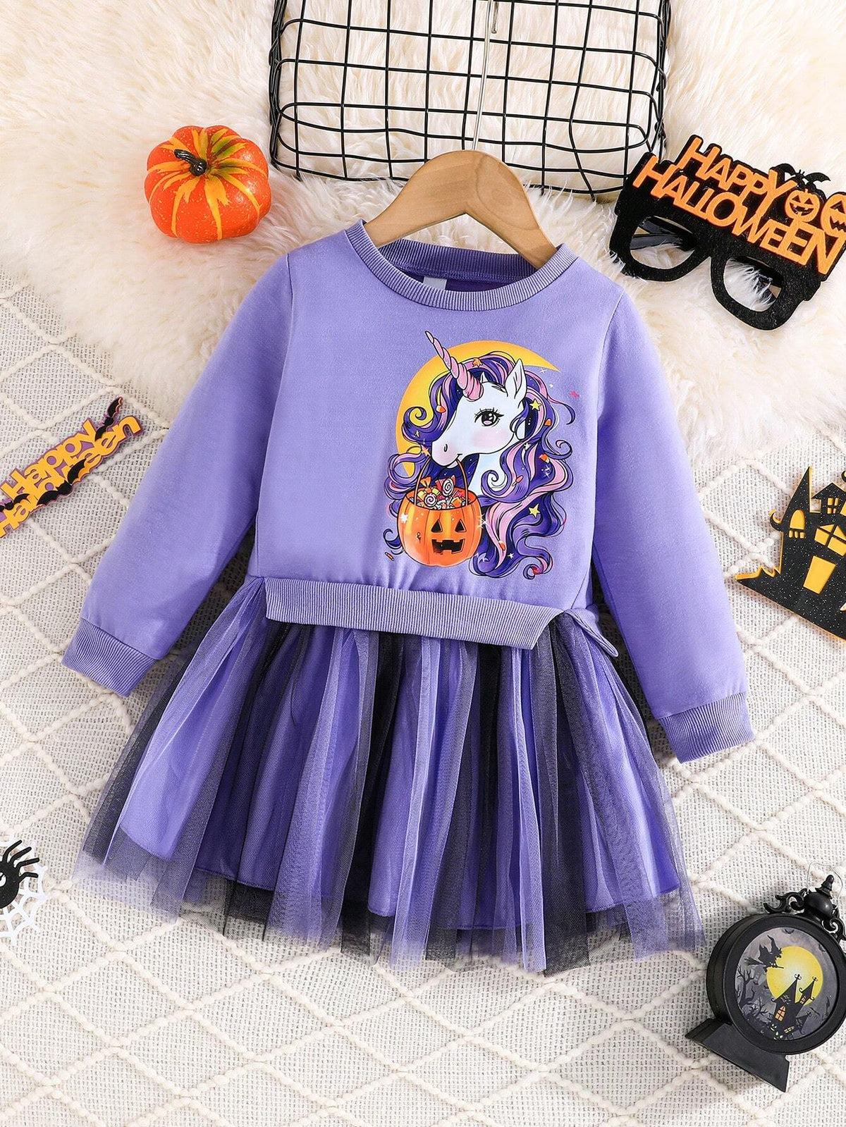 Halloween Young Girls Long Sleeve Pumpkin Unicorn Print Mesh Dress Cute 2 In 1 Occasion Party Dress