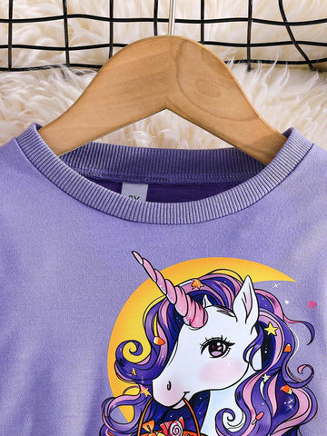 Halloween Young Girls Long Sleeve Pumpkin Unicorn Print Mesh Dress Cute 2 In 1 Occasion Party Dress
