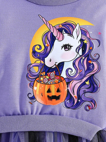 Halloween Young Girls Long Sleeve Pumpkin Unicorn Print Mesh Dress Cute 2 In 1 Occasion Party Dress
