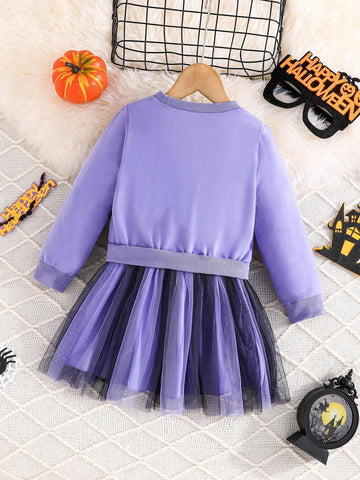 Halloween Young Girls Long Sleeve Pumpkin Unicorn Print Mesh Dress Cute 2 In 1 Occasion Party Dress