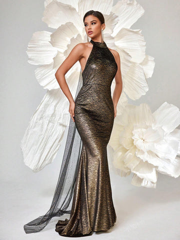 Halter Backless Fishtail Formal Maxi Dress, Elegant Sleeveless Cocktail Gown For Women, Wedding Event Dress