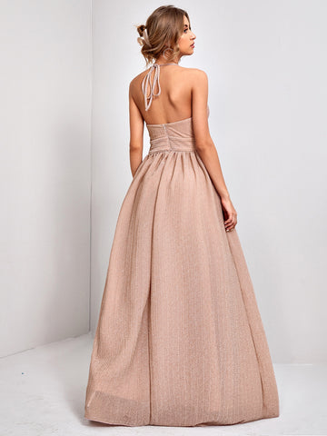 Halter Backless Zipper Back Metallic Cami Bridesmaid Dress