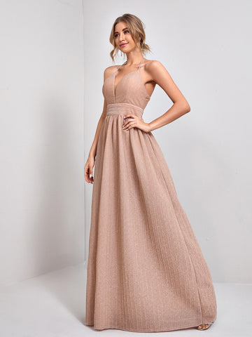 Halter Backless Zipper Back Metallic Cami Bridesmaid Dress