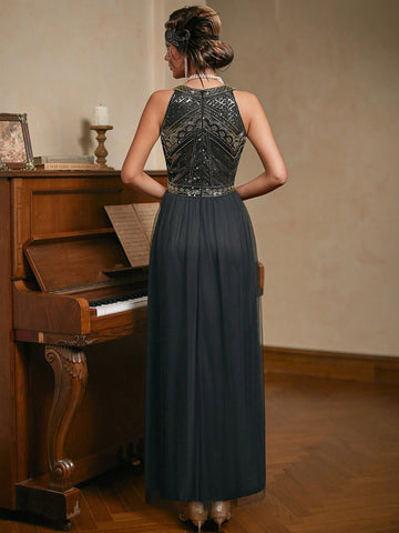 Halter Black Sequins 1920s Dress