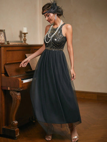 Halter Black Sequins 1920s Dress