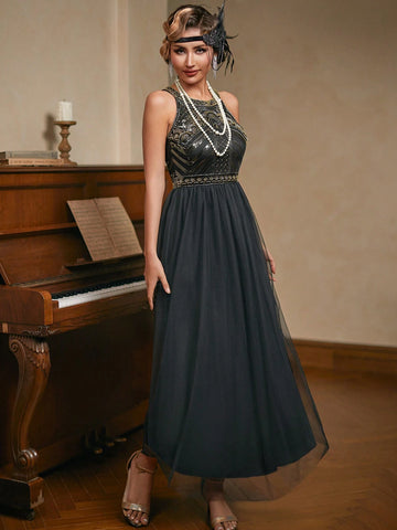 Halter Black Sequins 1920s Dress