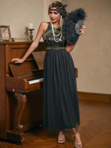 Halter Black Sequins 1920s Dress