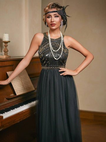 Halter Black Sequins 1920s Dress