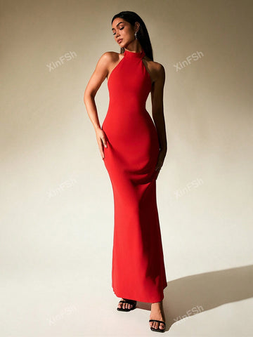 Halter Button Placket Backless Bodycon Women Cocktail Long Dress