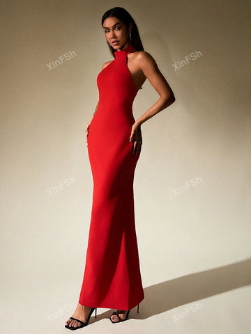 Halter Button Placket Backless Bodycon Women Cocktail Long Dress