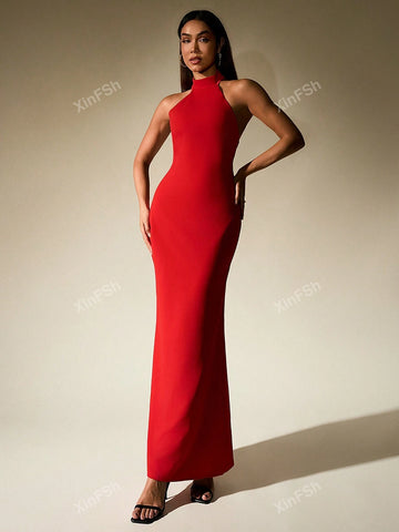 Halter Button Placket Backless Bodycon Women Cocktail Long Dress