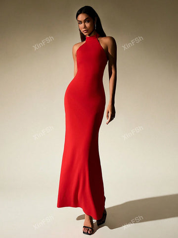 Halter Button Placket Backless Bodycon Women Cocktail Long Dress