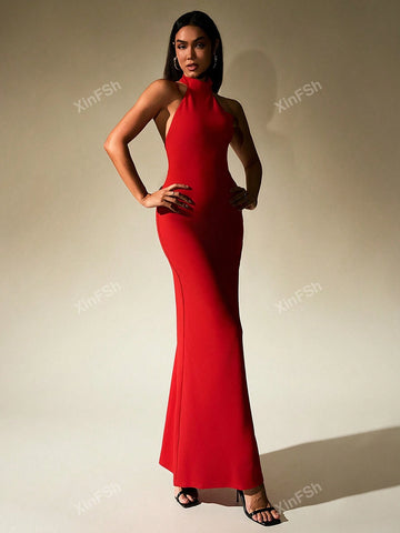 Halter Button Placket Backless Bodycon Women Cocktail Long Dress