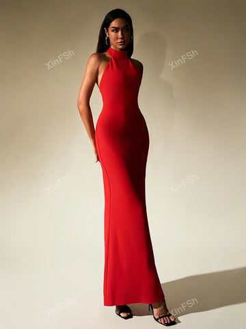 Halter Button Placket Backless Bodycon Women Cocktail Long Dress