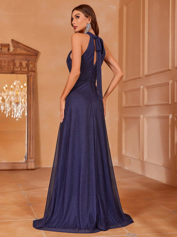 Halter Neck Backless Glitter Bridesmaid Dress