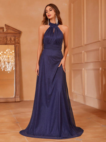 Halter Neck Backless Glitter Bridesmaid Dress