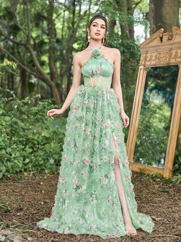 Halter Neck Cascading Ruffle Hem Formal Prom Dress