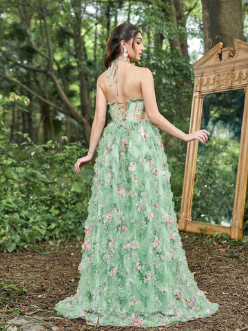 Halter Neck Cascading Ruffle Hem Formal Prom Dress