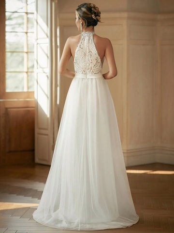 Halter Neck Contrast Sequin Mesh Wedding Dress