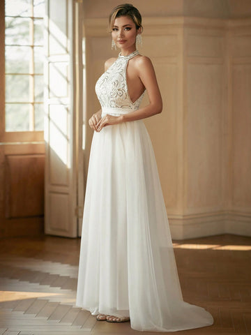 Halter Neck Contrast Sequin Mesh Wedding Dress