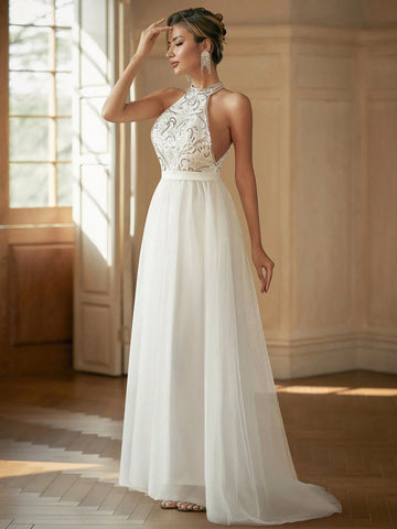 Halter Neck Contrast Sequin Mesh Wedding Dress