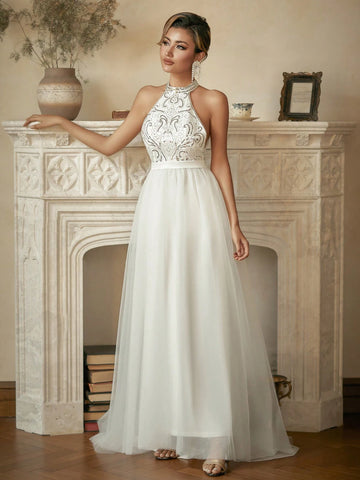 Halter Neck Contrast Sequin Mesh Wedding Dress