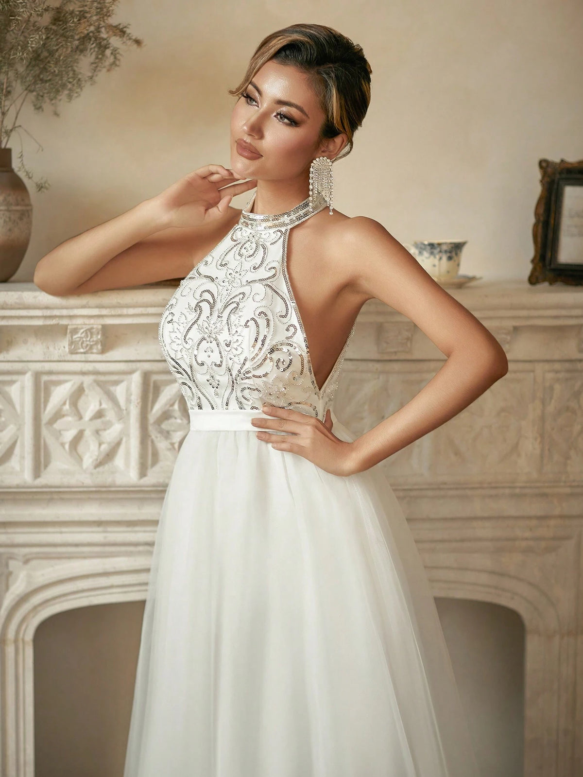 Halter Neck Contrast Sequin Mesh Wedding Dress