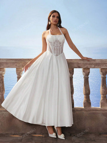 Halter Neck Lace Waist Satin Long Wedding Dress, Romantic Bridal Gown In White