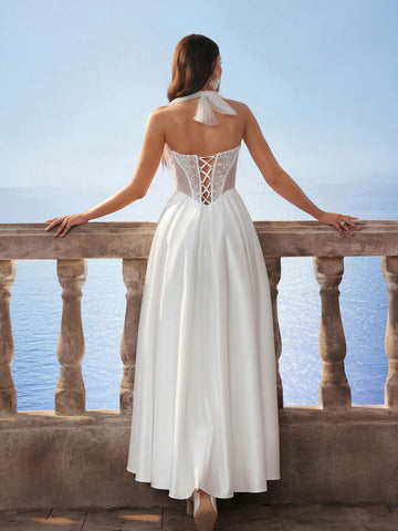 Halter Neck Lace Waist Satin Long Wedding Dress, Romantic Bridal Gown In White