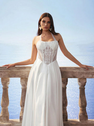 Halter Neck Lace Waist Satin Long Wedding Dress, Romantic Bridal Gown In White