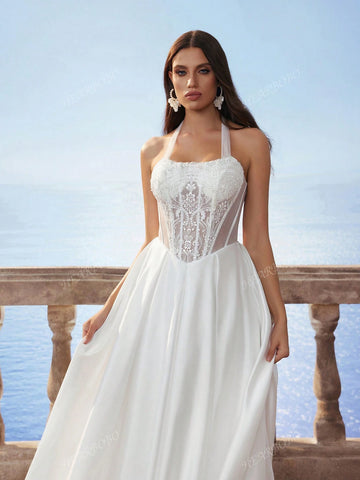 Halter Neck Lace Waist Satin Long Wedding Dress, Romantic Bridal Gown In White