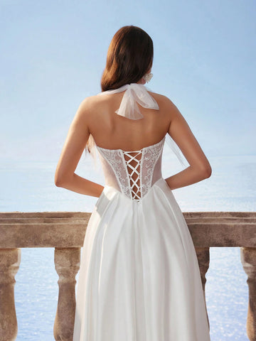 Halter Neck Lace Waist Satin Long Wedding Dress, Romantic Bridal Gown In White