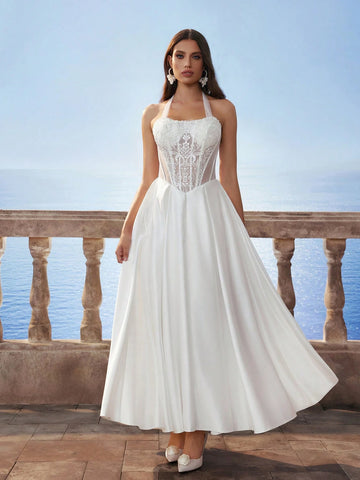 Halter Neck Lace Waist Satin Long Wedding Dress, Romantic Bridal Gown In White