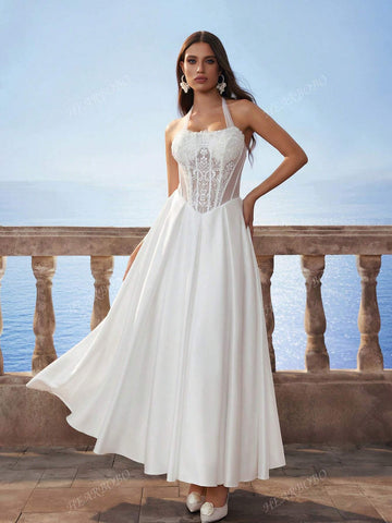 Halter Neck Lace Waist Satin Long Wedding Dress, Romantic Bridal Gown In White
