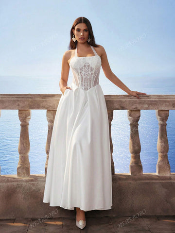 Halter Neck Lace Waist Satin Long Wedding Dress, Romantic Bridal Gown In White