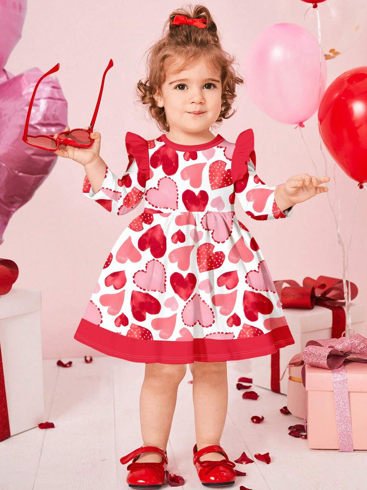 Hand Painted Heart Print, Cute Girl, Young Girl Bow Decor Cartoon Graphic Long Sleeve Dress, Sweet & Fashionable, Suitable For Autumn/Winter